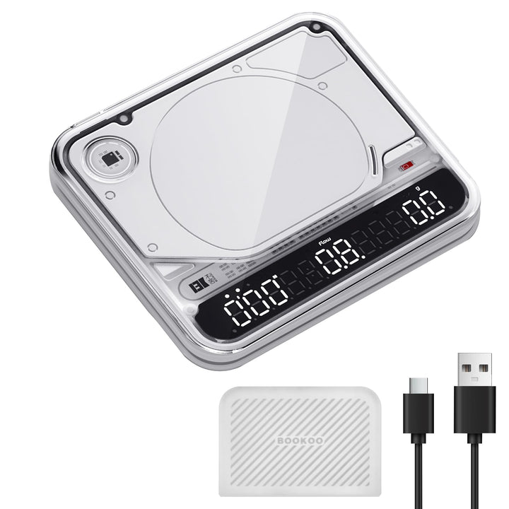 BOOKOO Kaffeewaage mit Timer, 0,1 g hochpräzise Espresso Waage, 2 kg, 4 Modi, Bluetooth-App & Flow R