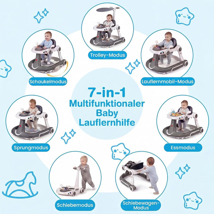 FANTASK 7 in 1 Lauflernhilfe mit abnehmbarem Verdeck, Lauflernwagen höhenverstellbar mit Spielboard,