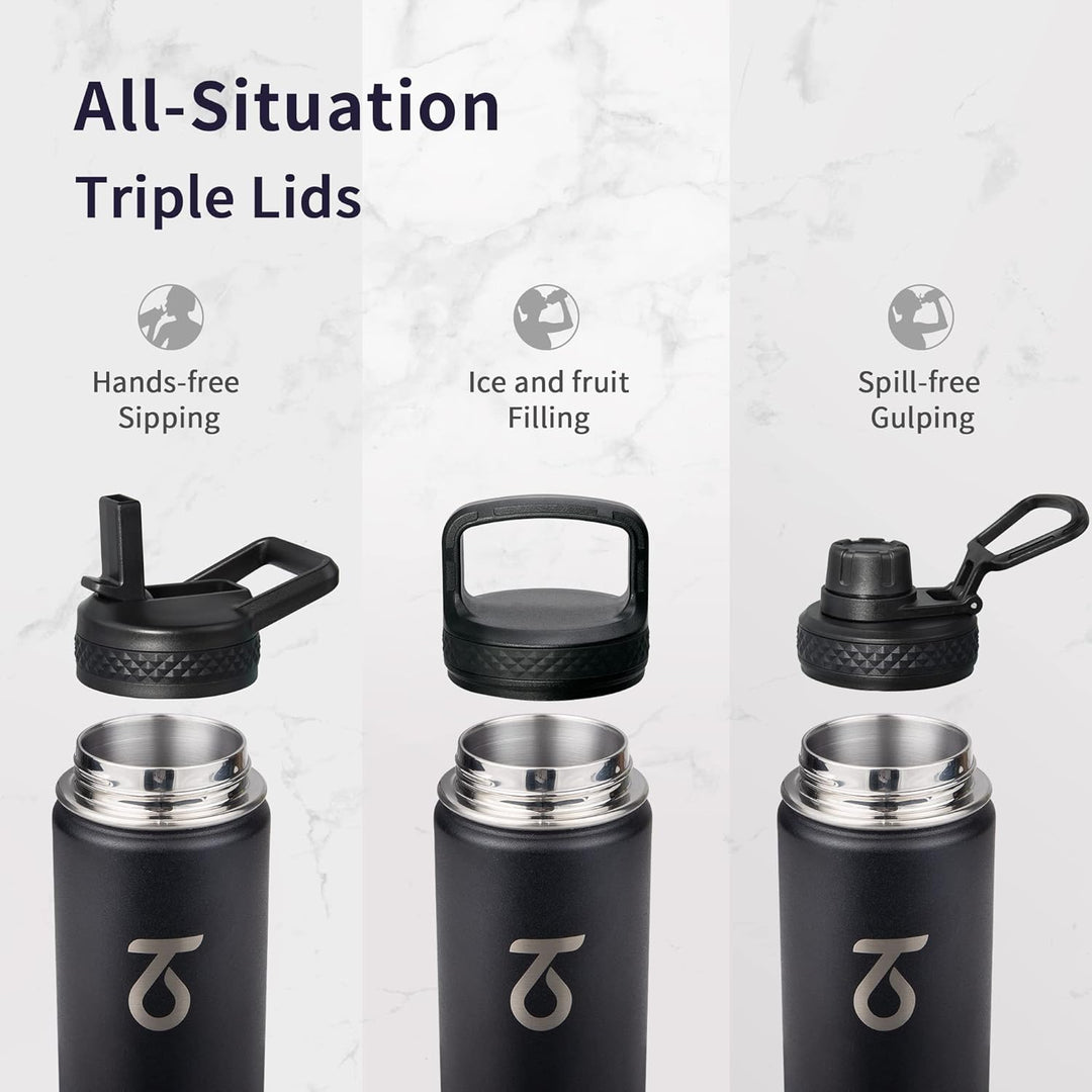 Trebo Trinkflasche Edelstahl, Thermosflasche mit Strohhalm mit Paracord-Griff & 3 Deckeln, Edelstahl