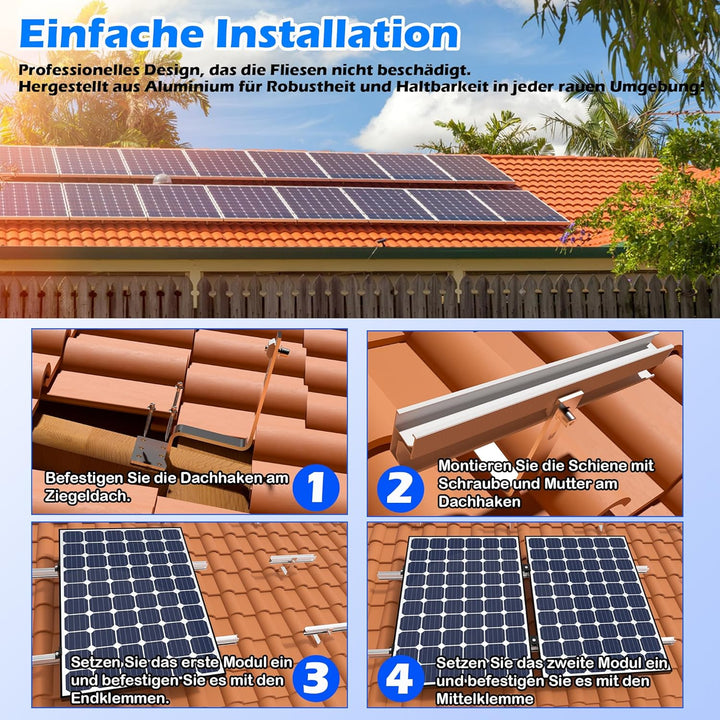 Warmfay Solar Halterung Ziegeldach Set für 4 Module, Upgrade 300MM Aluprofil und Photovoltaik Dachha