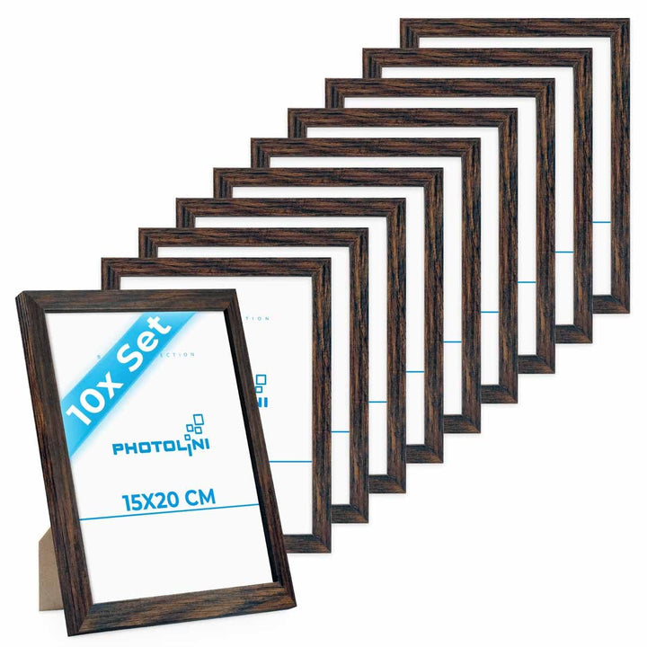 PHOTOLINI Bilderrahmen 15x20 Holz MDF Eiche Dunkel, 10er Set Bilderrahmen 20x15, Picture Frame mit A