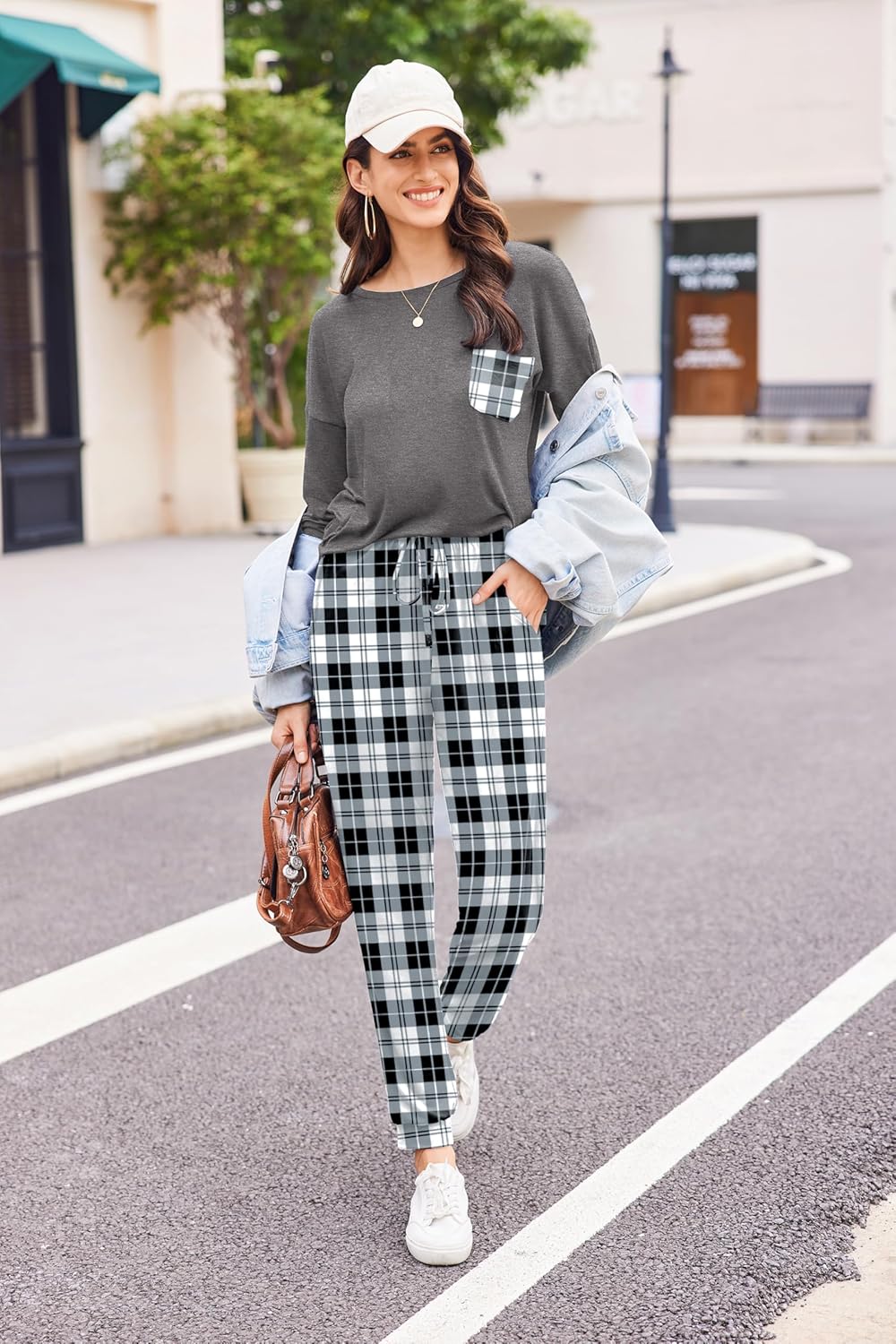 Ekouaer Schlafanzug Damen Lang Zweiteiler Pyjama Langarm Warm Pyjama Set Weich Nachtwäsche Kariert,