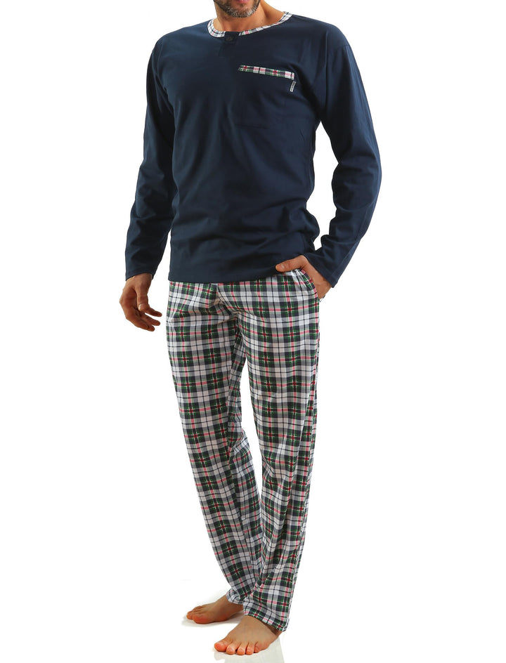 sesto senso Herren Schlafanzug Lang Baumwolle Pyjama Langarm Shirt mit Tasche Pyjamahose Zweiteilig