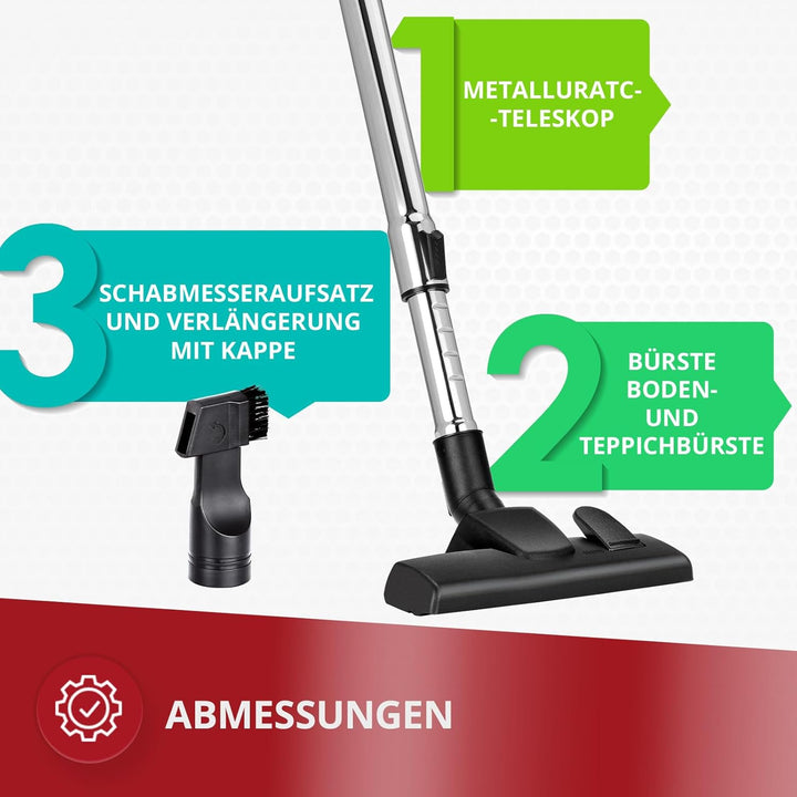 MPM Staubsauger mit Beutel MOD-53-1,5-Liter-Staubbeutel 850W - Reichweite 6,5 m - für Teppich und Ha