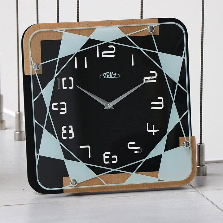 PRIM Modern Black Wooden Wall Clock - Wanduhr 30CM, Moderne quadratische Wanduhr. Holzwanduhr mit Mu