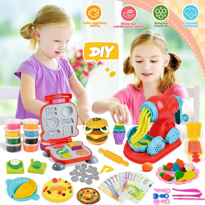 Joellfuner 70 Stück Knete Dough Set, Knete Zubehör Kinder, Knete Eismaschine Nudelmaschine Burgermas