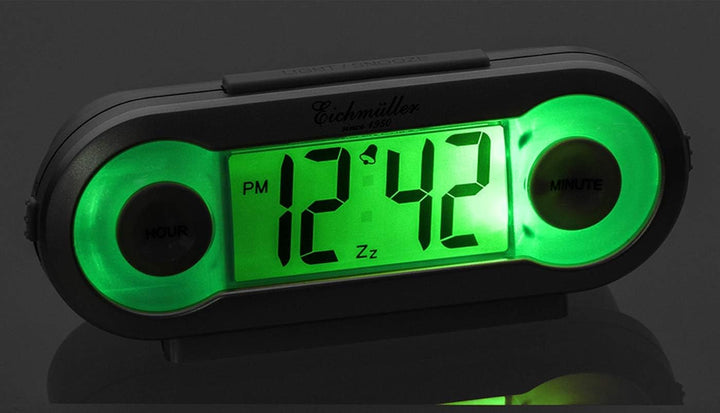 Eichmüller digitaler LCD Wecker Blau mit Beleuchtung, Alarm und Schlummerfunktion