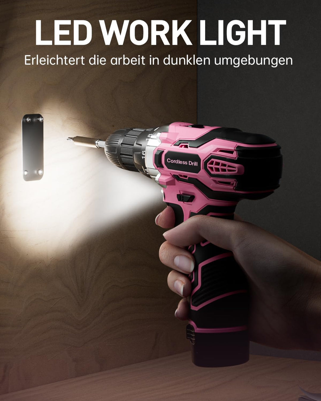 Akkuschrauber 12V Pink Rosa, Akkubohrer Klein, Akku Bohrschrauber Set mit 15 Zubehör und Tasche, 18+