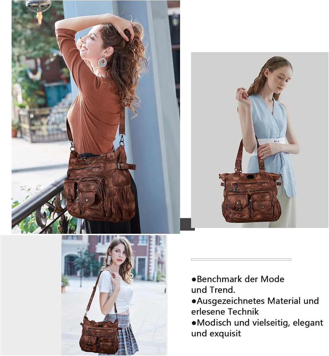 Angel Kiss Handtasche Damen Schultertasche Multifunktionale Umhängetaschen Gewaschenes Veganes Leder