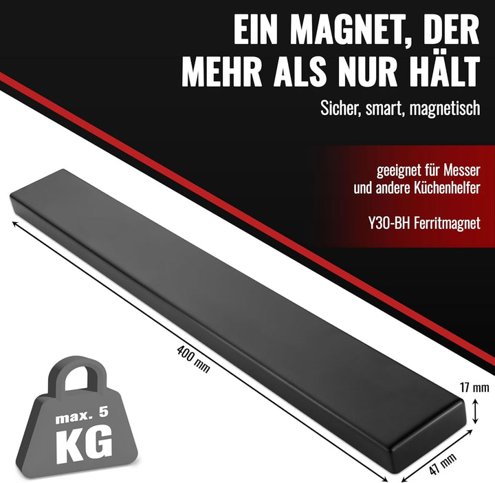 Poppstar Edelstahl Messer Magnetleiste 40cm mit extra starkem Magnet, schwarz, selbstklebend, Schwar