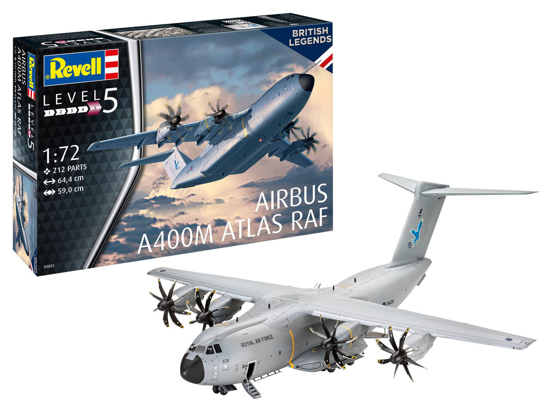 Revell 03822 03822-Airbus A400M Atlas RAF 1:72 originalgetreuer Modellbausatz für Experten, unlackie