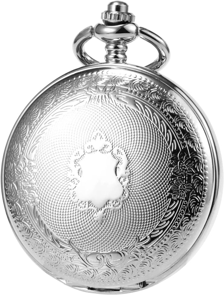 TREEWETO Herren-Taschenuhr mit doppeltem offenem Gehäuse, mechanischer Handaufzug, silberfarbene Tas