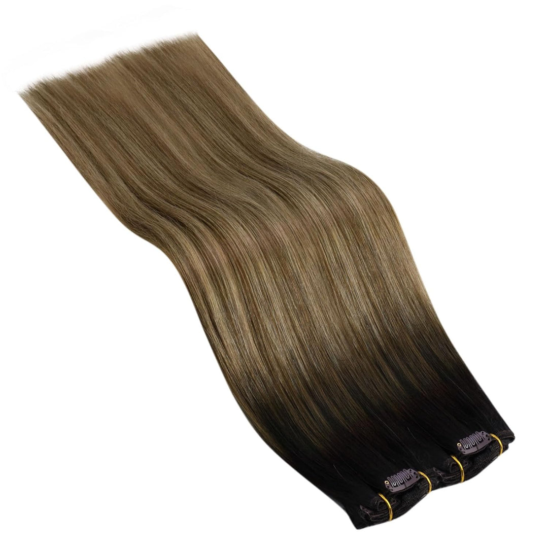Ugeat Clip in Extensions Echthaar Balayage Braun Glatt Clip in Haarverlängerung Mittelbraun Balayage