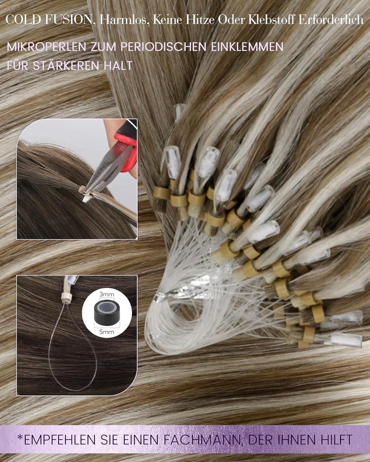 LaaVoo Microring Extensions Echthaar Highlighted Hellbraun mit Hellblond 45 cm Cold Fusion Echthaar