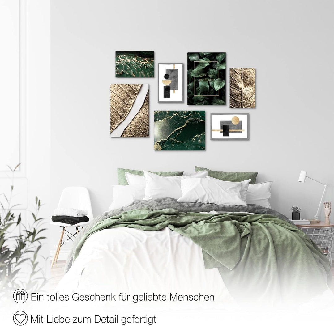 Novart Wandbilder Abstrakt Figuren Blätter - KOMPLETT AUFHÄNGFERTIG - Gold Grün Wohnzimmer Schlafzim