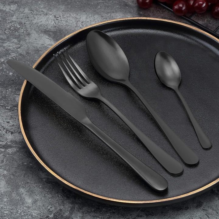 BEWOS 24 Stück Besteck Set, Schwarz Mattiert Essbesteck Set für 6 Personen, Besteck Edelstahl Spiege