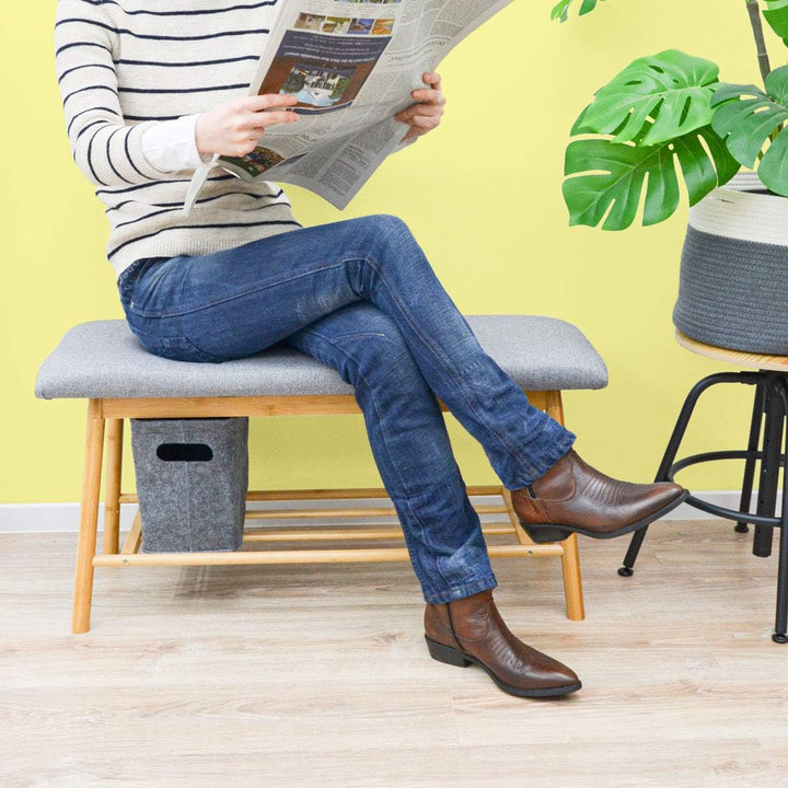 DuneDesign Nordic Sitzbank mit Schuhregal - 90x34x44 Bambus Schuhbank Holz Bank für Flur Garderobe G