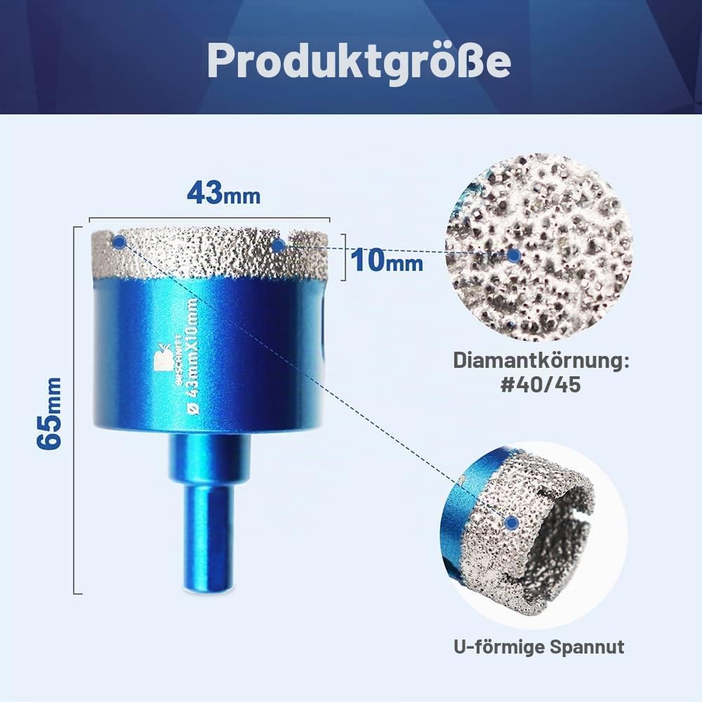 Diamant Trockenbohrer Fliesenbohrer 43mm - BRSCHNITT 3 Stück Diamant Bohrkrone - Lochsäge für Kerami