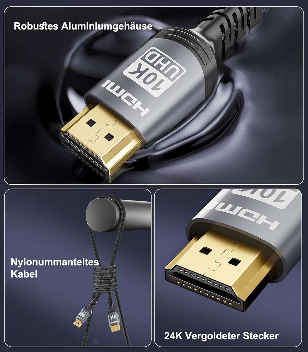 Sniokco 10K 8K 4K HDMI 2.1 Kabel 2.5Meter Zertifiziert 48Gbps High Speed | Unterstützung 0.01ms 4K 2
