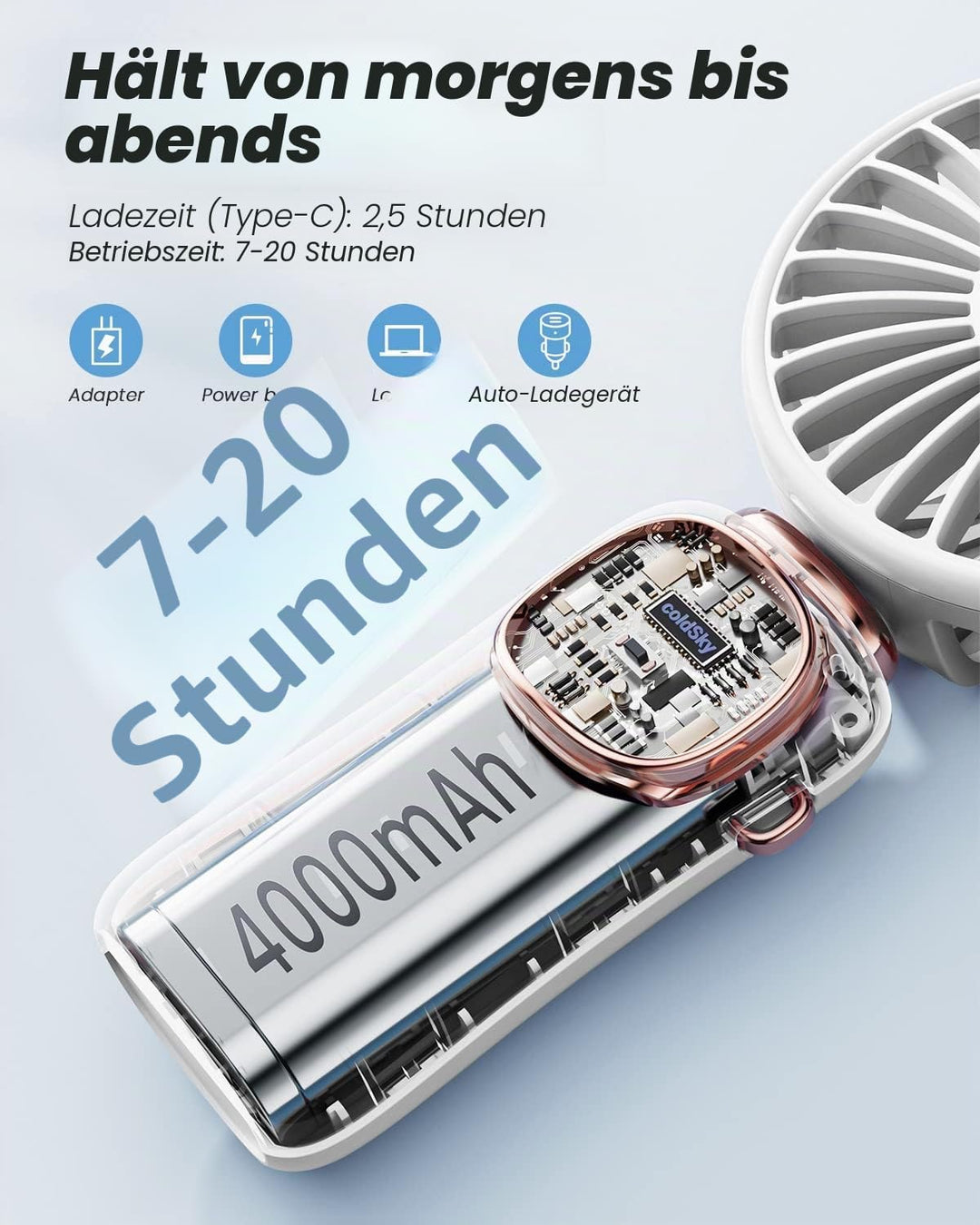 coldSky Tragbarer Handventilator, 4000 mAh, batteriebetrieben, 3-in-1-Multifunktions-Reiseventilator