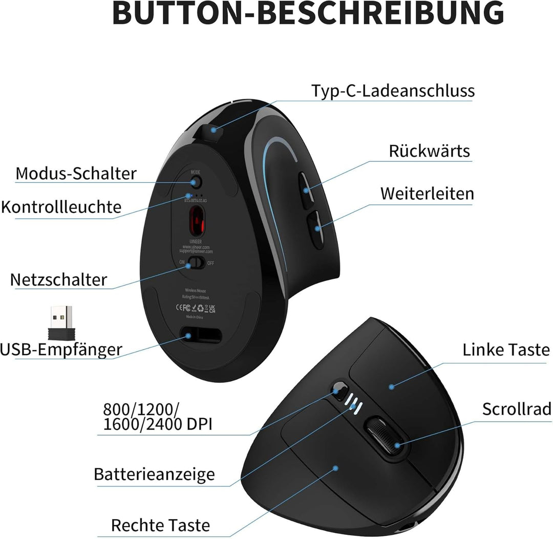 Uineer Ergonomische, kabellose vertikale Maus, dreifarbige Atemlichter, BT5.0/4.0/2.4G Bluetooth, wi