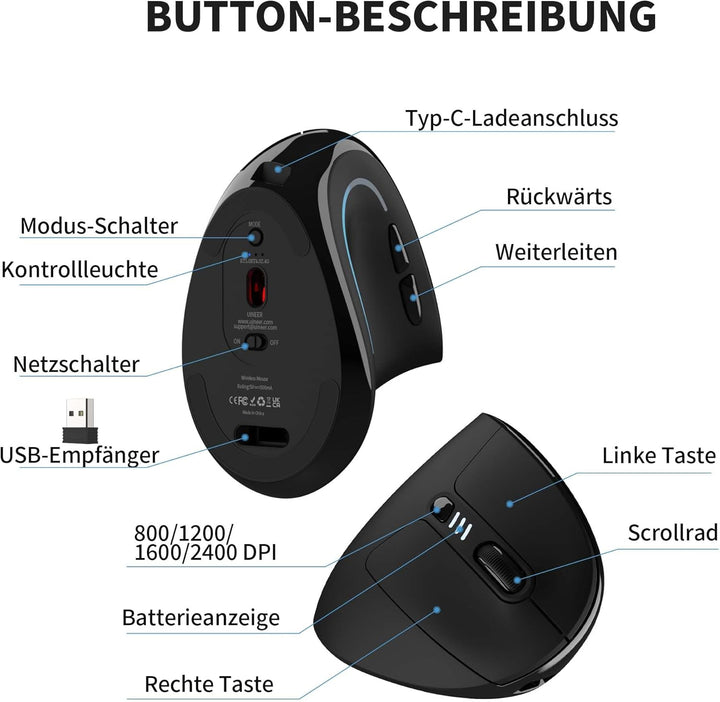 Uineer Ergonomische, kabellose vertikale Maus, dreifarbige Atemlichter, BT5.0/4.0/2.4G Bluetooth, wi