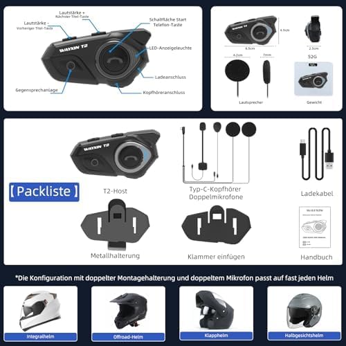 WAYXIN T2 Motorrad Headset mit Gegensprechanlage,Helm Kommunikationssystem für 2 Personen in Reichwe
