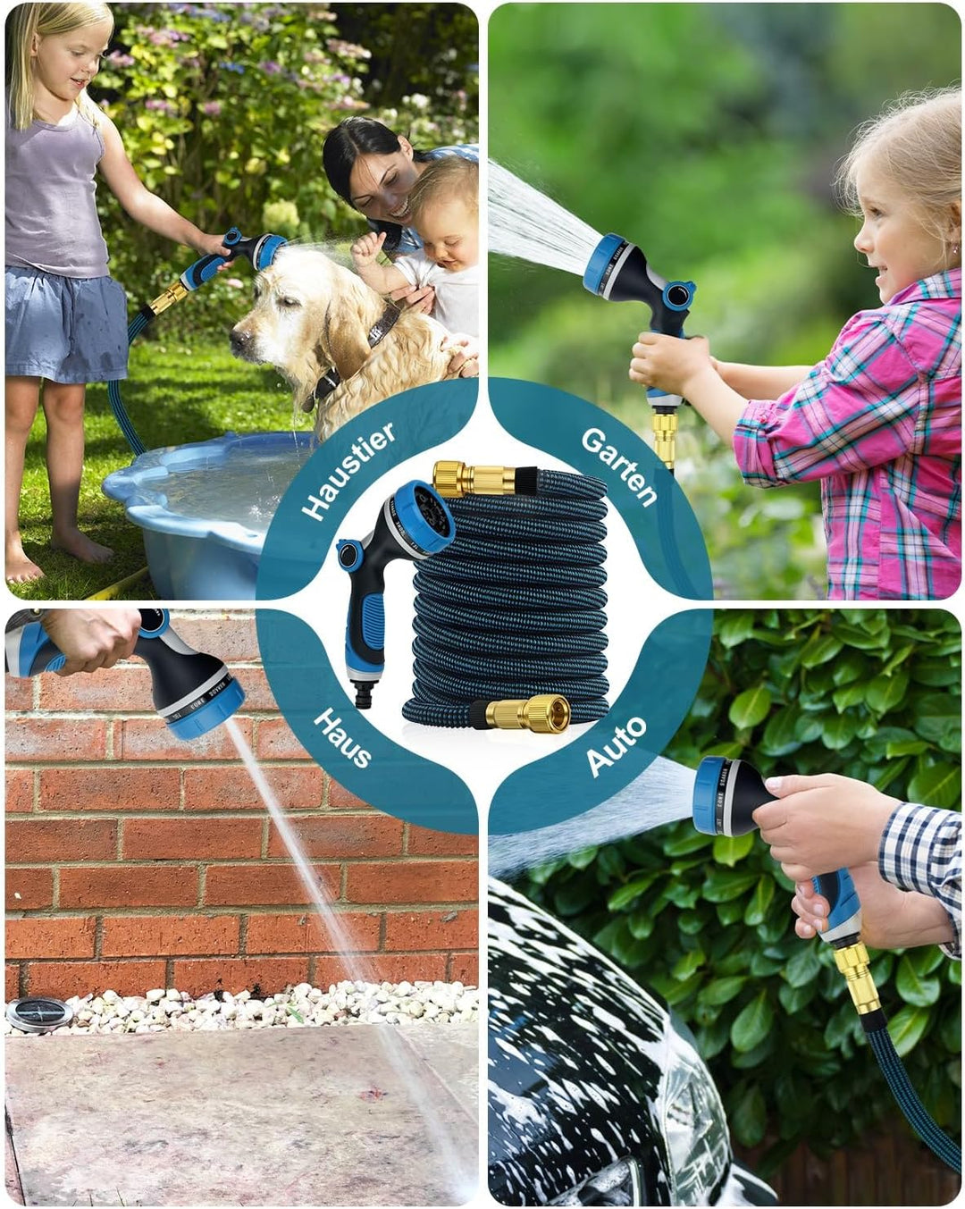 Flexibler Gartenschlauch 15M/50FT, Wasserschlauch 3/4 zoll und 1/2 zoll mit 10-Funktions-Düse, dehnb