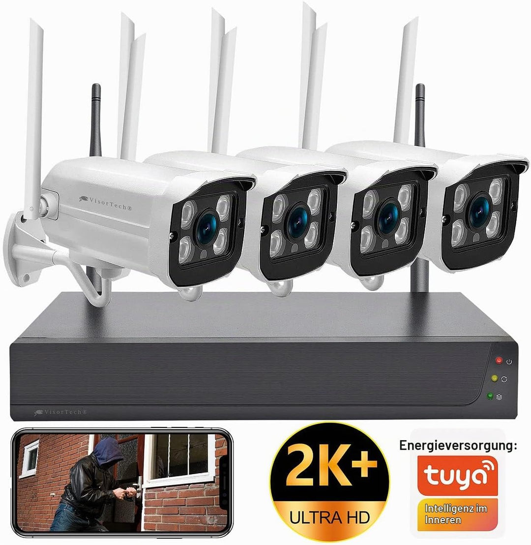 VisorTech Überwachung Set: Funk-Überwachungssystem mit HDD-Rekorder &amp; 4 IP-Kameras, 2K+ und App (Cam