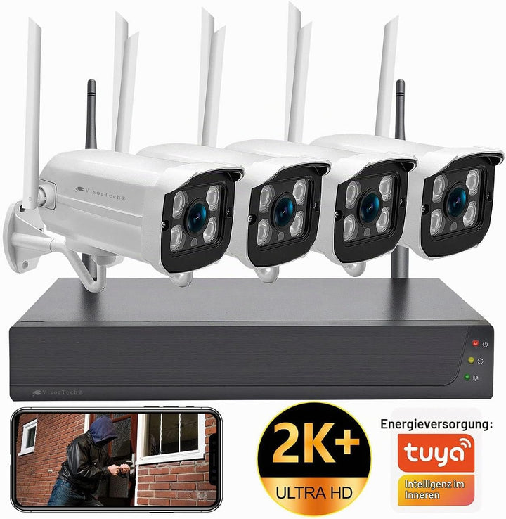 VisorTech Überwachung Set: Funk-Überwachungssystem mit HDD-Rekorder &amp; 4 IP-Kameras, 2K+ und App (Cam