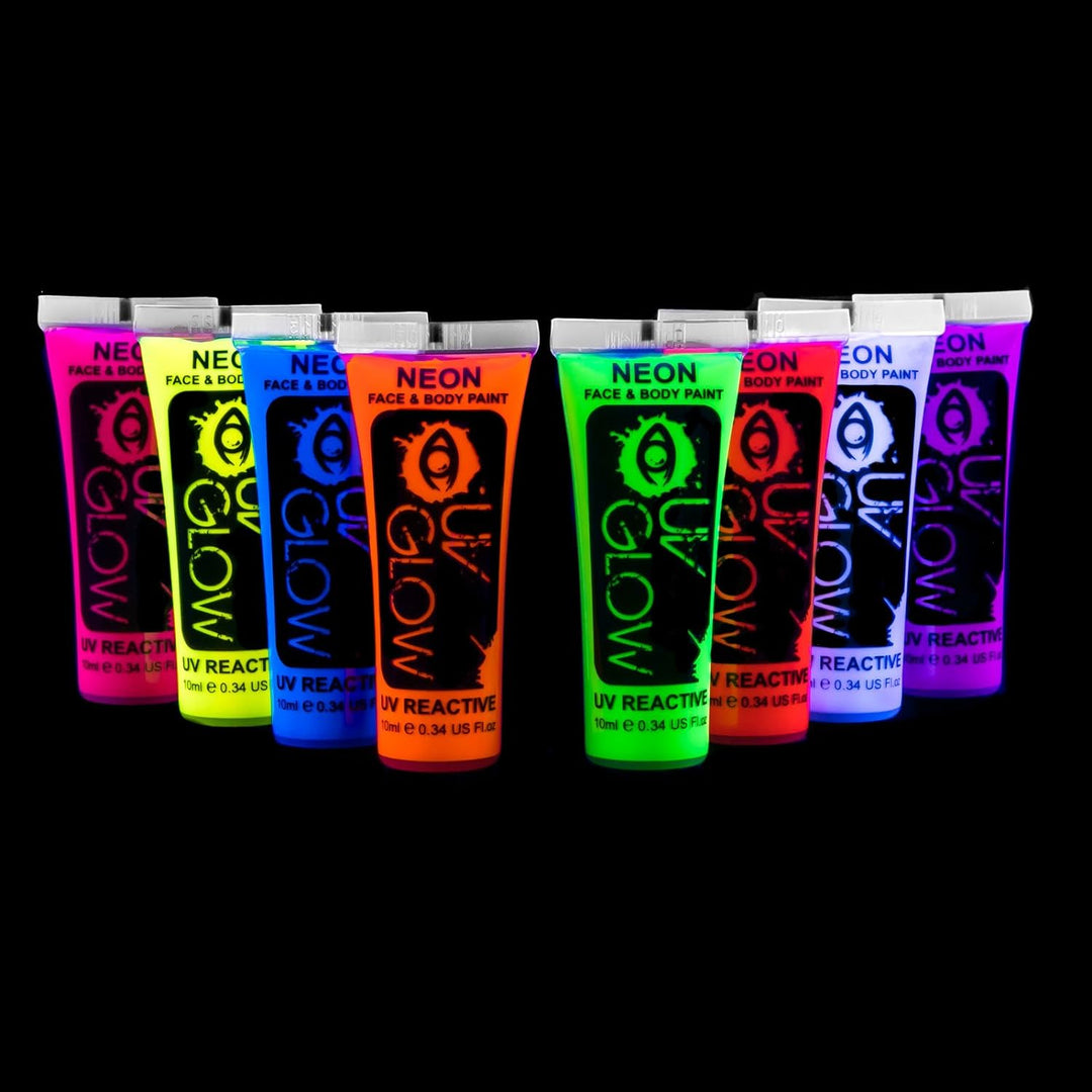24 x 10ml UV-Bodypaint Körpermalfarben Schwarzlicht fluoreszierende Schminke Bodypainting Neon Farbe