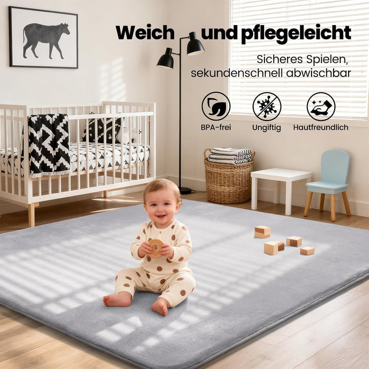 Krabbelmatte Baby 127×127cm, 3cm Dicke Schaumstoff Spielmatte, Ultraweiche Stütze und Plüschiges Gef