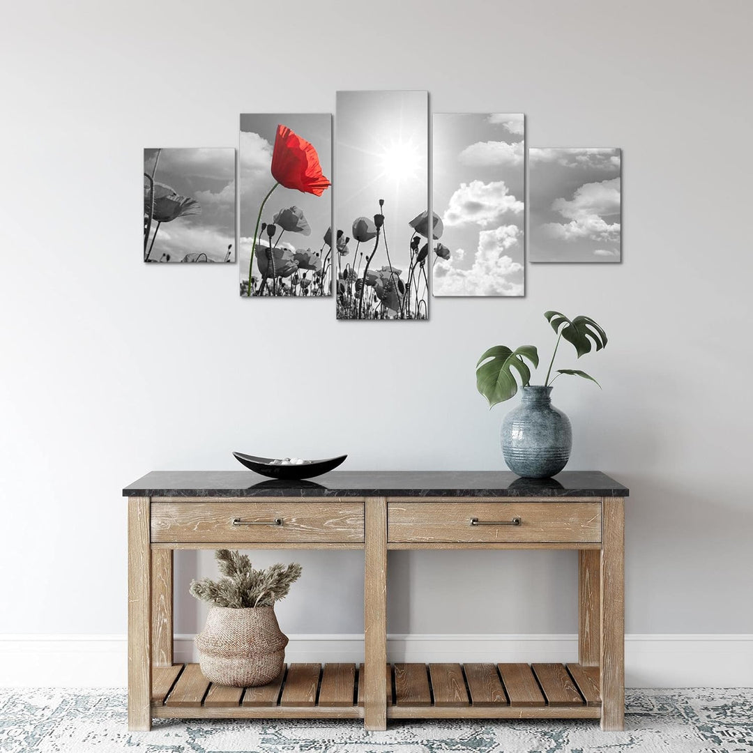 Runa Art Wandbilder Blumen Mohnblume 5 Teilig Bild auf Vlies Leinwand Deko Wohnzimmer Natur Grau Rot