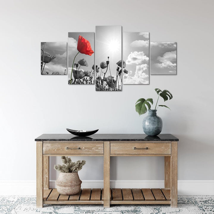 Runa Art Wandbilder Blumen Mohnblume 5 Teilig Bild auf Vlies Leinwand Deko Wohnzimmer Natur Grau Rot
