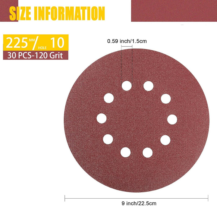 Schleifpapier 225mm Klett, 30 Stück Schleifscheiben 225mm P120 Körnung 10 Loch in Rot für Trockenbau