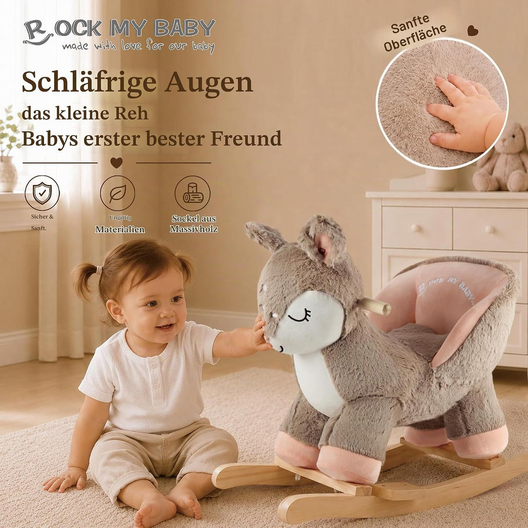 Plüsch Rocking Horse - weicher gefüllter Körper, Sicherheitssitz Stuhl, Holz Rockers, Musikknopf - K