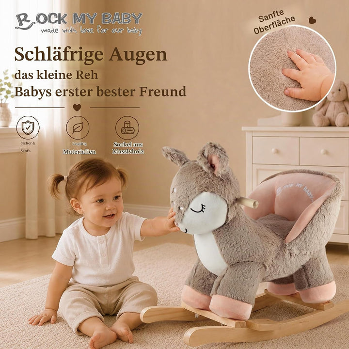 Plüsch Rocking Horse - weicher gefüllter Körper, Sicherheitssitz Stuhl, Holz Rockers, Musikknopf - K
