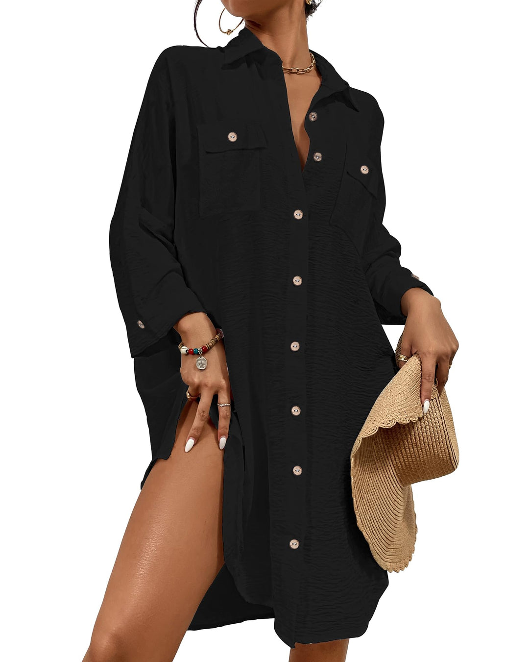 Bsubseach Frauen Badeanzug Coverup Shirt Kleid Button Down Badeanzug Cover Up Beachwear L B-Schwarz,
