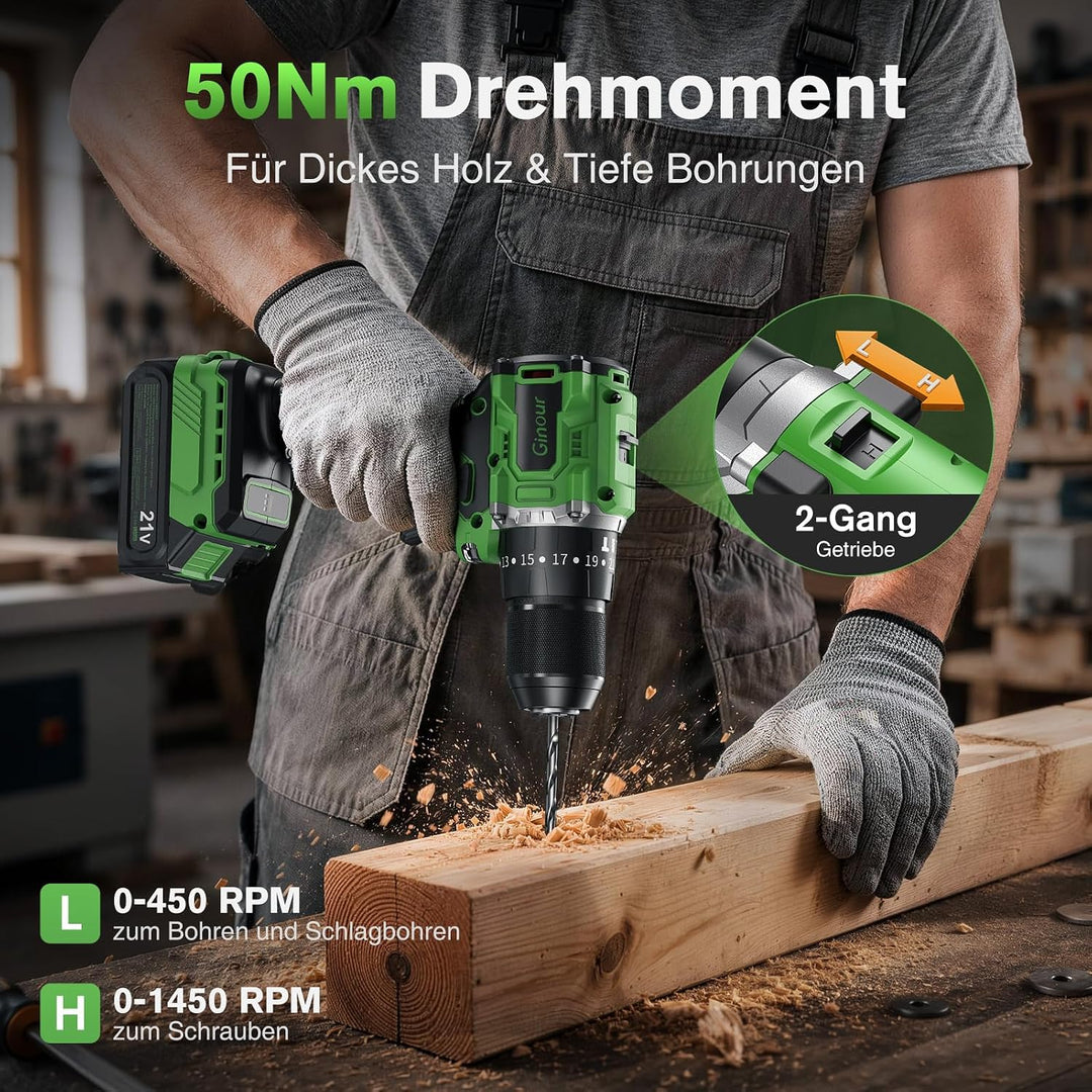 Ginour 21V Bürstenlos Akku Schlagbohrschrauber Set, 50 Nm, 1x2Ah Akku, kompatibel mit Makita 18V Akk