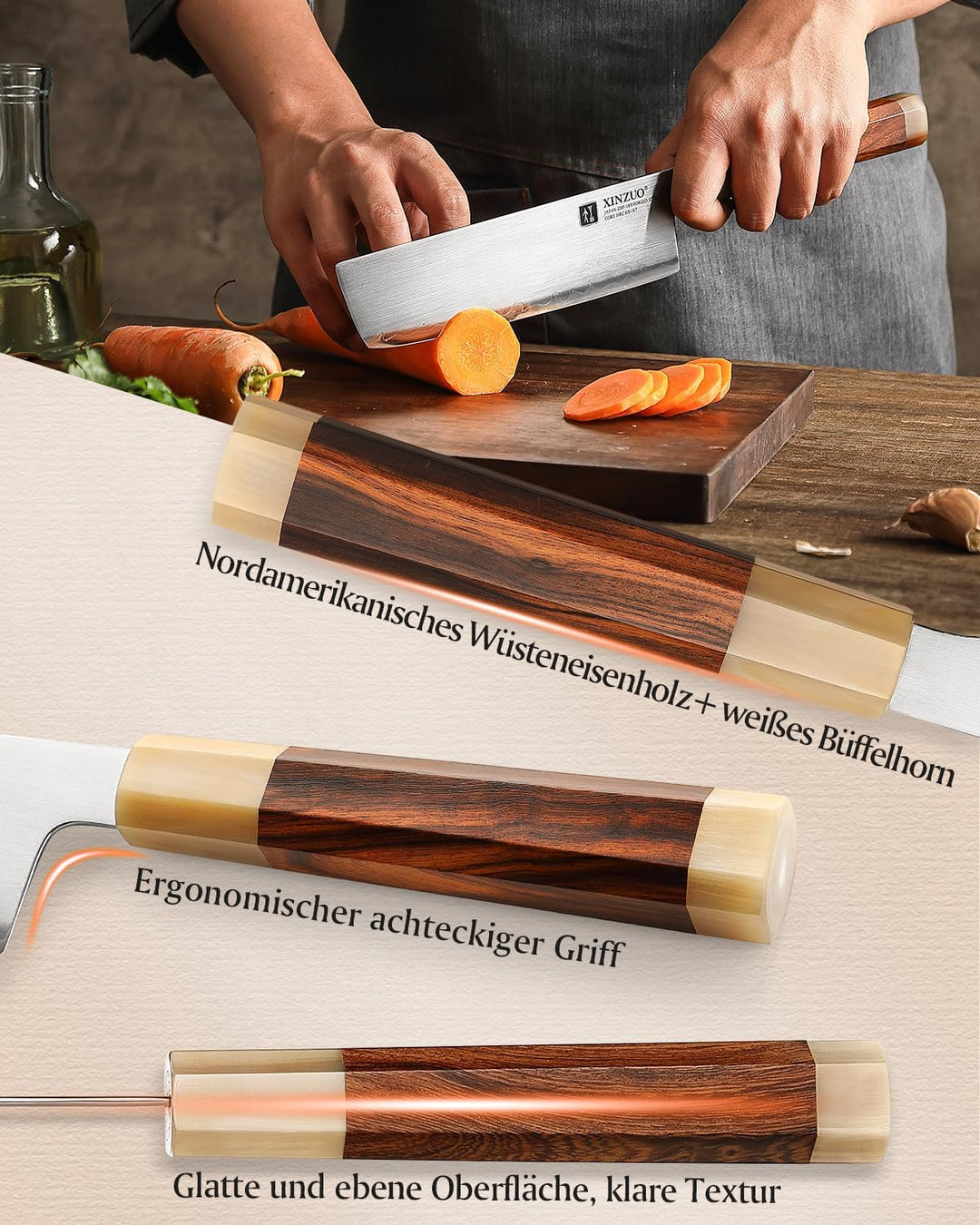 XINZUO Japanischer Stahl Nakirimesser 18.3cm Küchenmesser, Handgeschmiedet Kochmesser Japanischer ZD