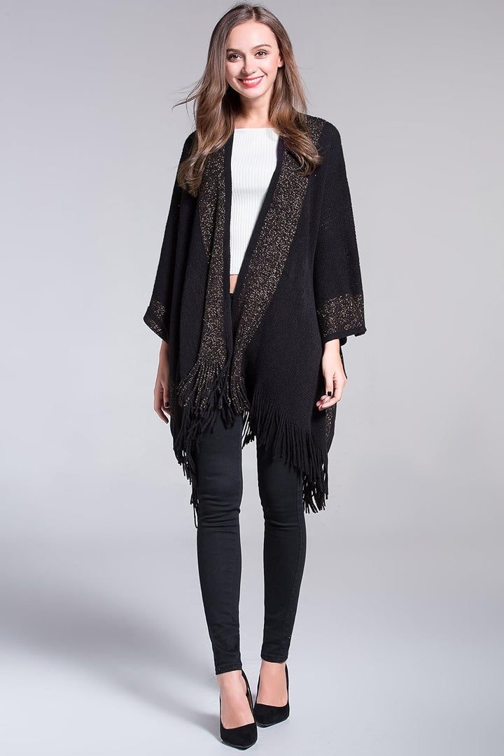 ZLYC Damen Weiche Schlichte Poncho Capes Retro Cardigans Pullover Schwarz, Schwarz
