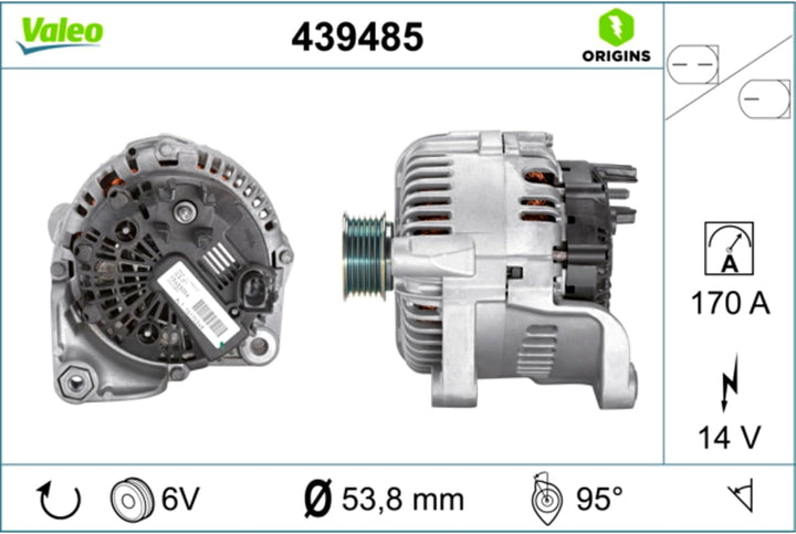 VALEO 439485 Generator Ladestrom des Generators: 170 Amp Rippen: 6 rippen Riemenscheibe Ø: 53,8 mm S