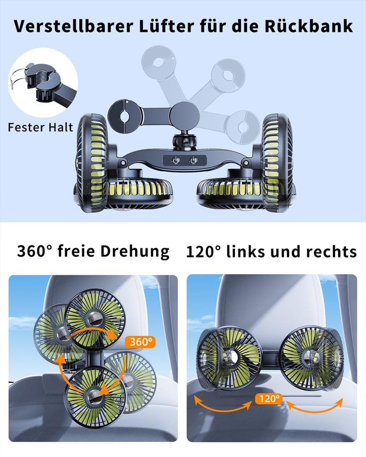 Akku Ventilator Auto,Kopfstütze Leise Lüfter【inkl. 12V 24V Zigarettenanzünder &amp; USB C Ladekabel】 360