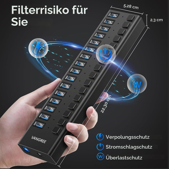 Powered USB Hub 10Gbps, 16 Ports 96W USB 3.2 Hub, Individual On/Off Switches, 12V/8A Power Adapter,