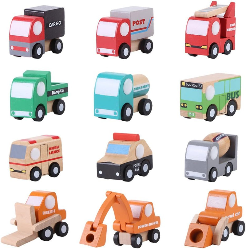 Zerodis 12 Paket Holz Fahrzeug Set Baby Kind Cartoon Spielzeugauto Früherziehung Bildungs Verkehr