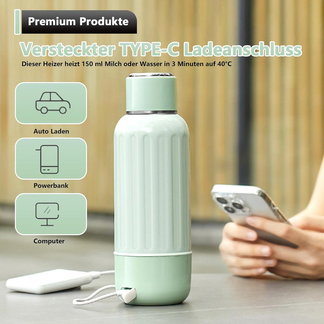 Tragbarer Flaschenwärmer Baby Unterwegs, Akku Thermoskanne 500ml, 37-55 °C Einstellbar, Mobiler Milc