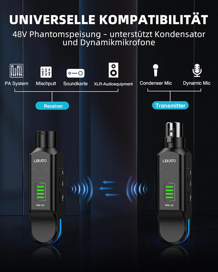 LEKATO 2,4 GHz Funkmikrofonsystem, XLR Sender Empfänger, 48V Phantomspeisung, für Kondensator & Dyna