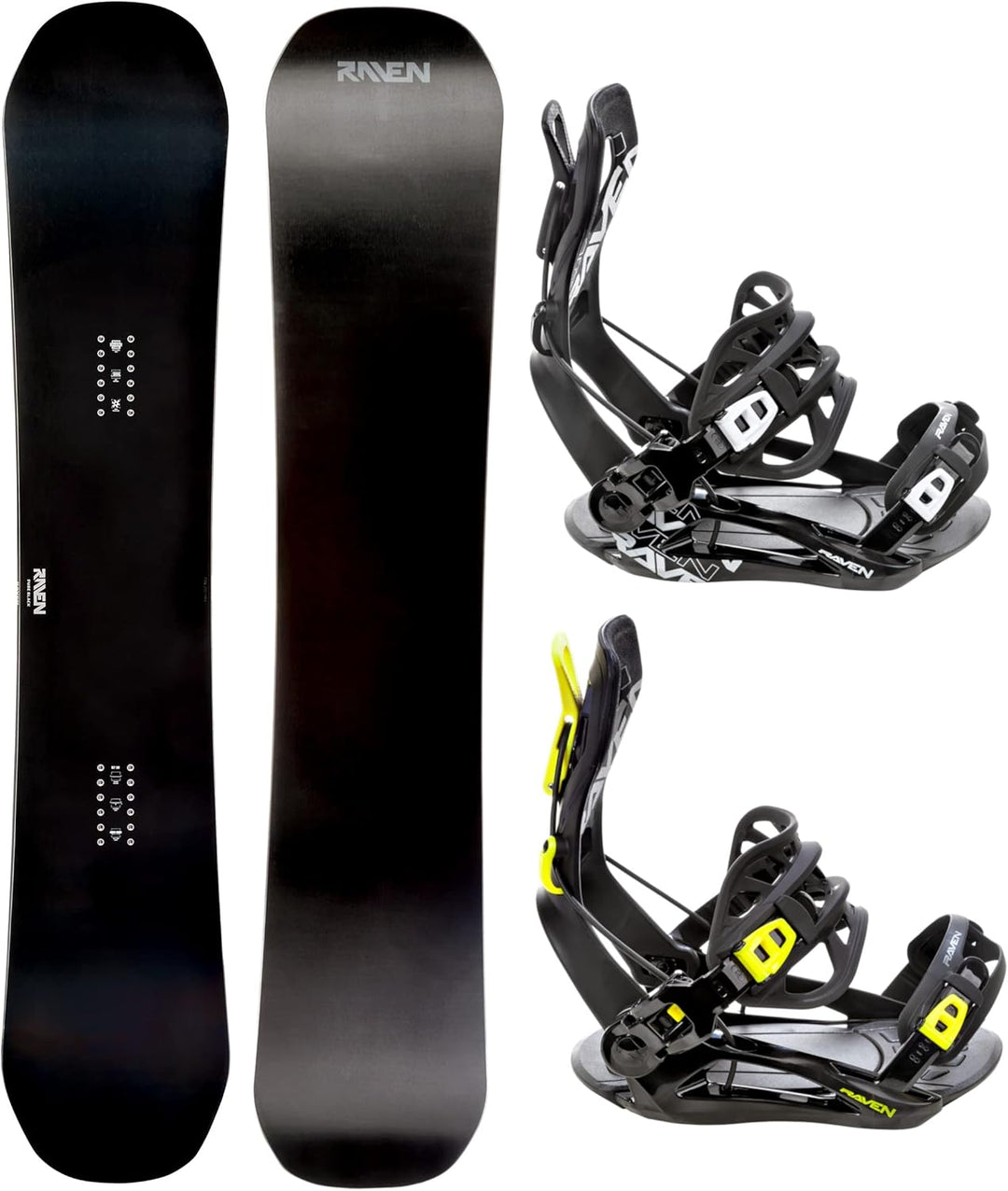 RAVEN Snowboard Set: Snowboard Pure Black + Bindung FT360 Black, Lemon Snowboard 157 cm + Bindung S
