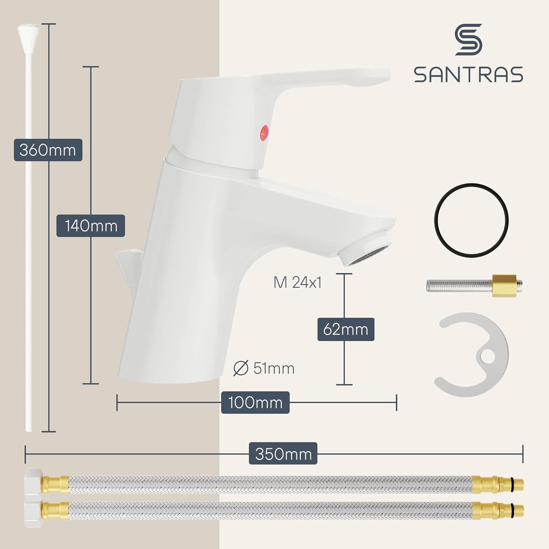 SANTRAS® Waschtischarmatur Bad in Weiss (RAL 9003, glänzend) mit Zugstange & Exzenter Ablaufgarnitur