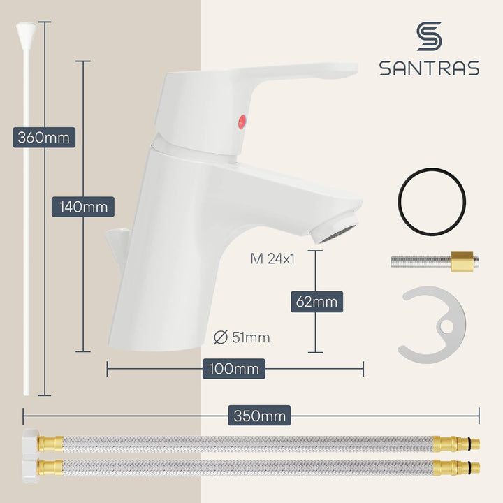 SANTRAS® Waschtischarmatur Bad in Weiss (RAL 9003, glänzend) mit Zugstange & Exzenter Ablaufgarnitur
